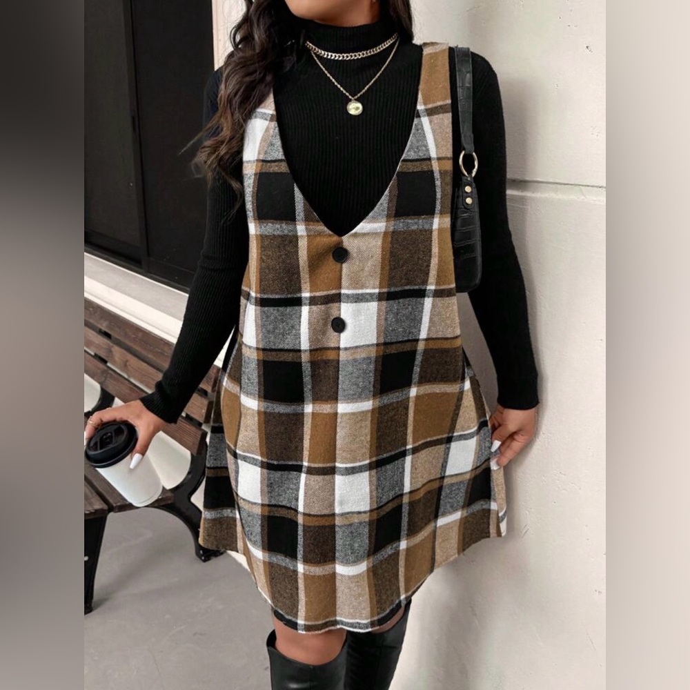 SHEIN Brown Black Cream Plaid V-Neck Sleeveless Mini Dress